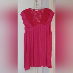 NWT Umgee OS Fuschia Lace Pleated Flutter Sleeve Tunic Mini Dress